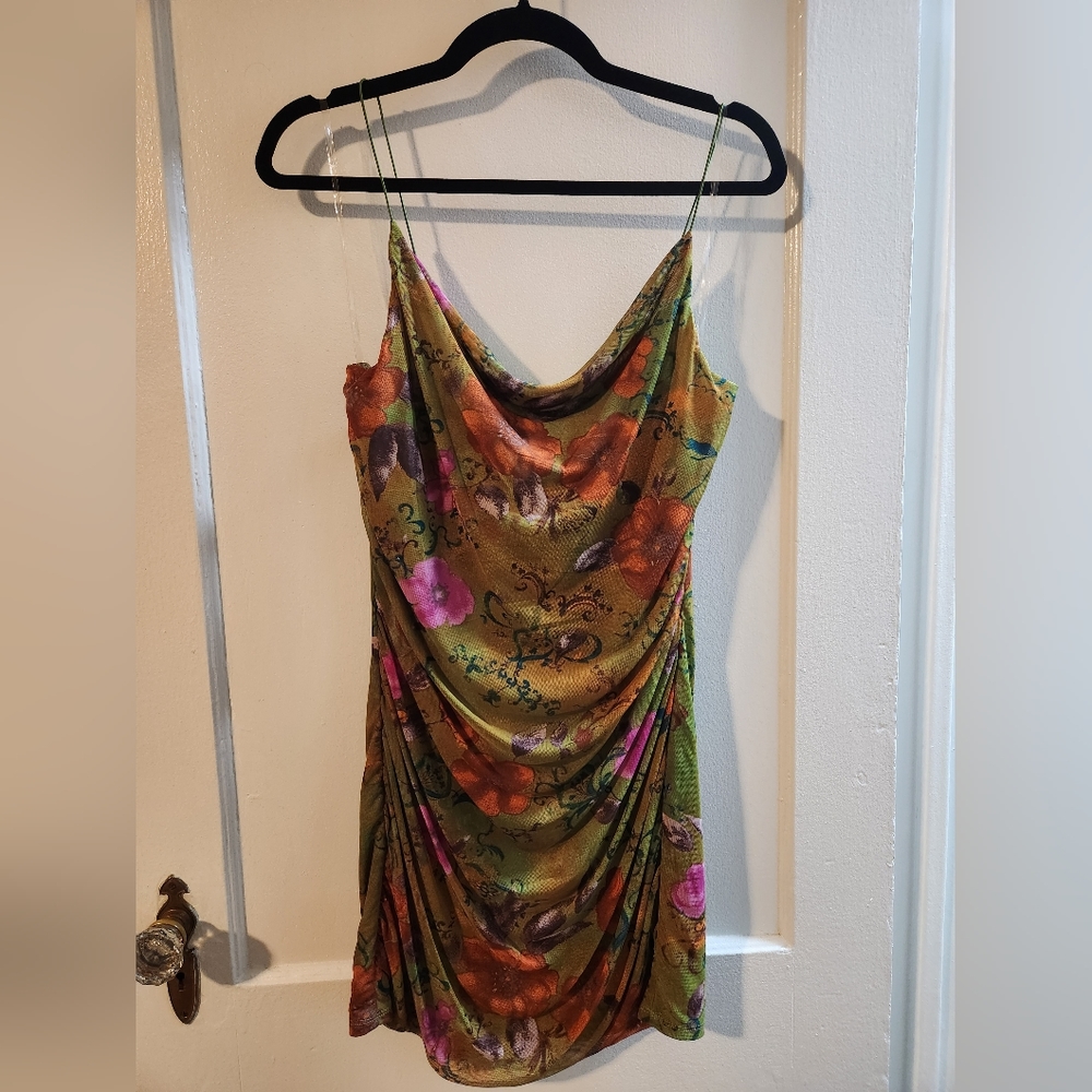 Y2K style ruched mesh floral mini dress